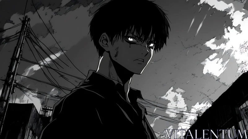 Brooding anime teen under storm-split sky in urban alleyway