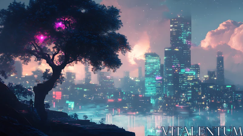 Bioluminescent tree silhouette facing neon holographic skyline.