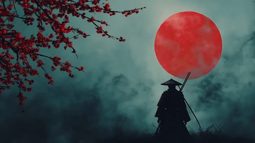 Silhouetted samurai under oversized red moon with high contrast lighting