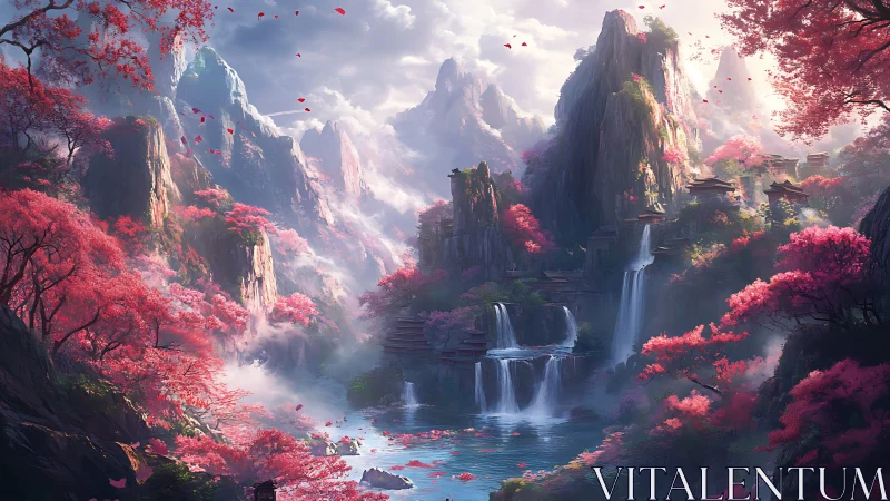 Mythic cherry blossom valley with waterfalls and temples.