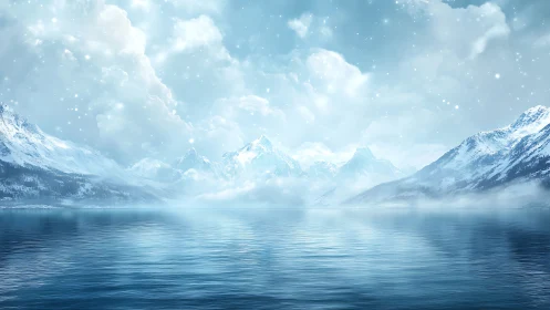 Glacial fjord panorama with snow laden peaks and misty horizon