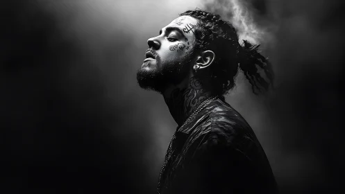 Monochrome side-profile portrait with smoke and facial tattoos