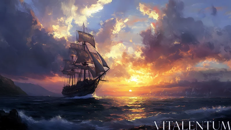 Sunlit tall ship cutting through waves at dramatic sunset.