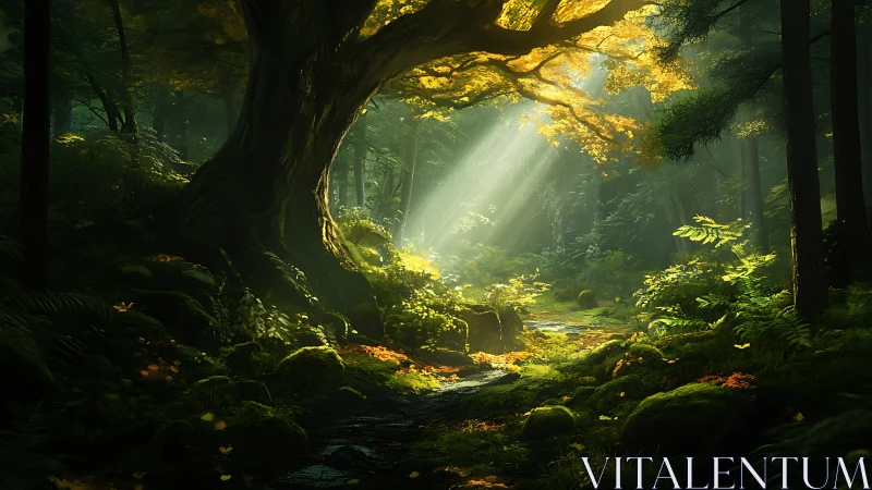 Ancient Forest Cathedral: Golden Light Through Towering Trees.