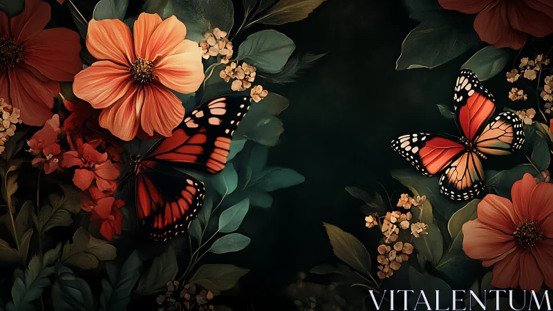 Monarch butterflies in teal-shadowed floral garden vignette