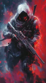 Tactical hooded marksman in chromatic thermal turbulence.