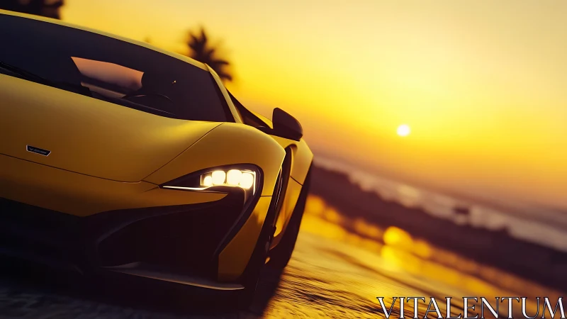 Yellow sports car cornering along wet beach at sunset.