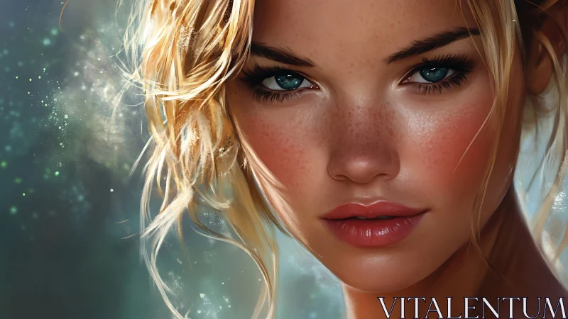 Digital close-up portrait depicts a young woman in detail