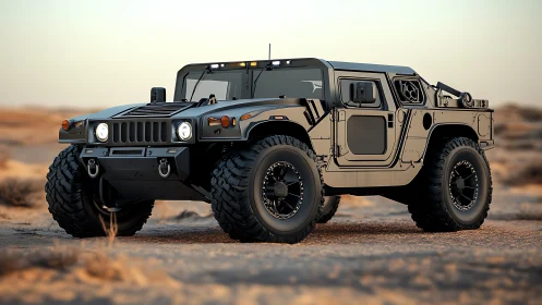Off-road military-style SUV rendered in desert scene.