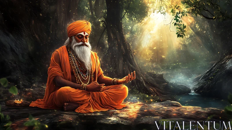 Ascetic meditates in forest clearing under volumetric god rays