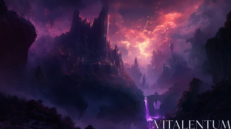 Luminescent fantasy canyon renders molten sky and ruins