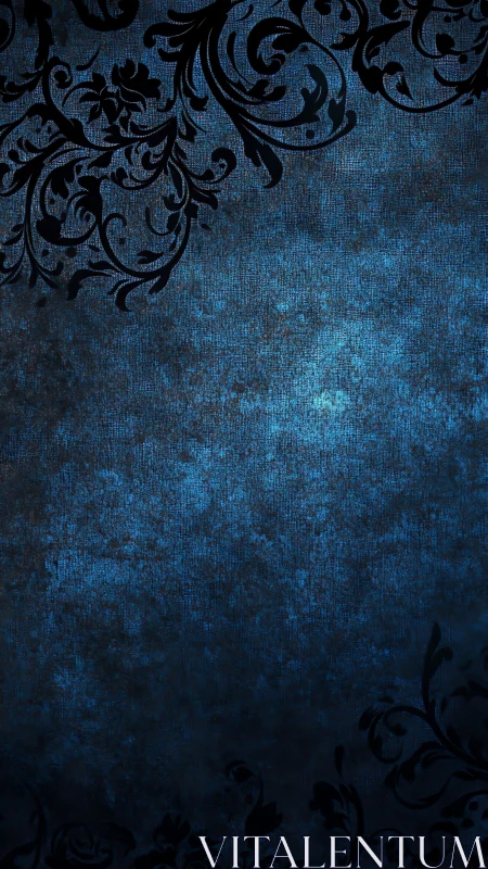 Ornate black floral silhouettes frame textured blue background