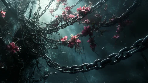 Otherworldly Chains and Crimson Blooms in Teal Abyss.