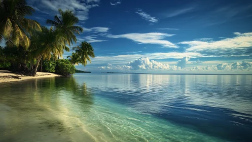 Tropical Shoreline with Palm Trees and Calm Waters.