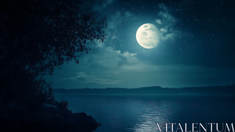 Full moon reflects over tranquil midnight lakeshore