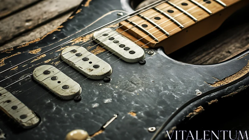 Close view shows worn electric guitar body and fretboard