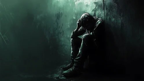 Shadowed corner thinker drowning in emerald silence.