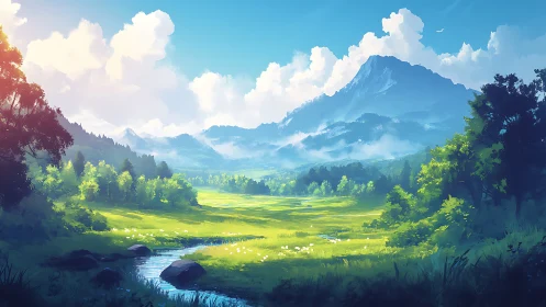 Sunlit mountain meadow with gentle stream and bright sky.