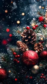 Macro closeup of frosted pine boughs with red glass baubles