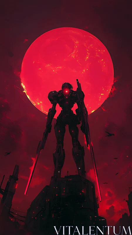 Crimson moon sentinel mech ignites a stormlit skyline.