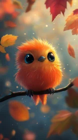 Fluffy orange bird gazes up amid softly glowing autumn leaves