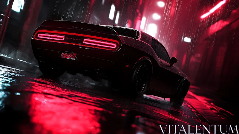 Rear-angle muscle car in neon-lit rainfall, cinematic render.