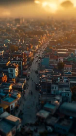 Sunlit aerial view of narrow urban street and dense housing.