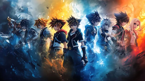 Line of stylized characters in segmented blue and orange field.