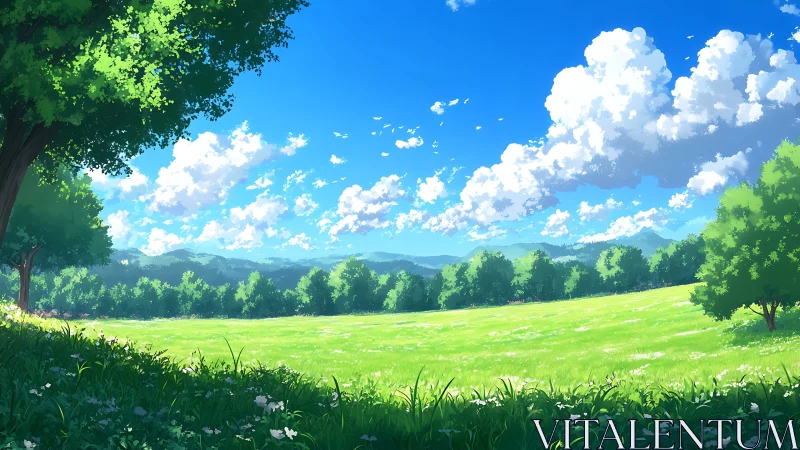 Sunlit green meadow opens under wide blue summer skies