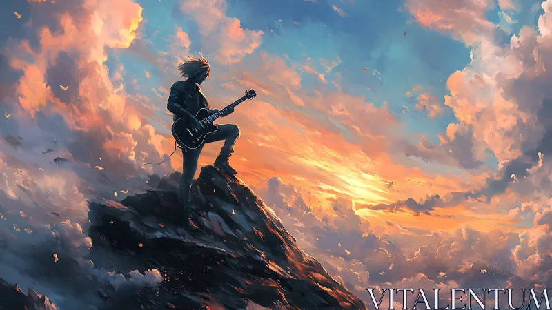 Guitarist atop stormy peak under blazing sunset sky.