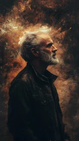 Elderly man in profile against textured abstract backdrop.