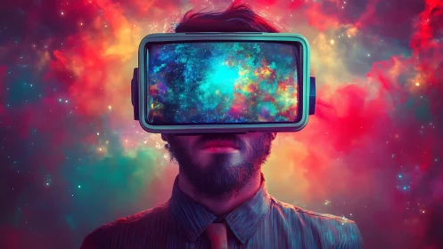 Man wears VR headset displaying nebula against cosmic cloud