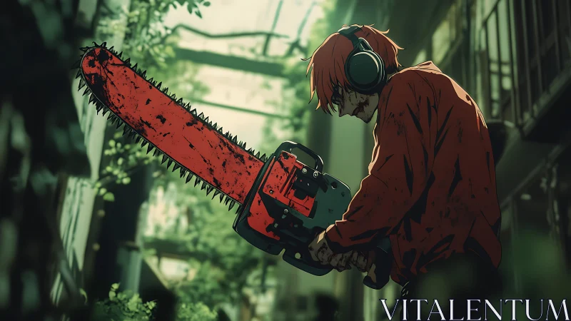 Bloodstained anime hunter grips roaring chainsaw in alley