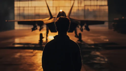 Silhouetted observer facing jet aircraft in hangar at dusk.