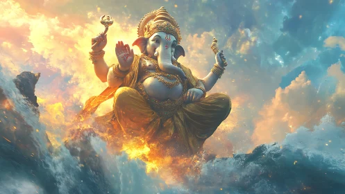 Elephant-headed deity figure is rendered in dynamic cloudy seascape