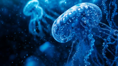 Glowing blue jellyfish drifting gently through quiet seas.