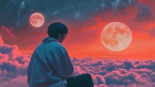 Solitary figure observes dual moons above neon pink cloudscape
