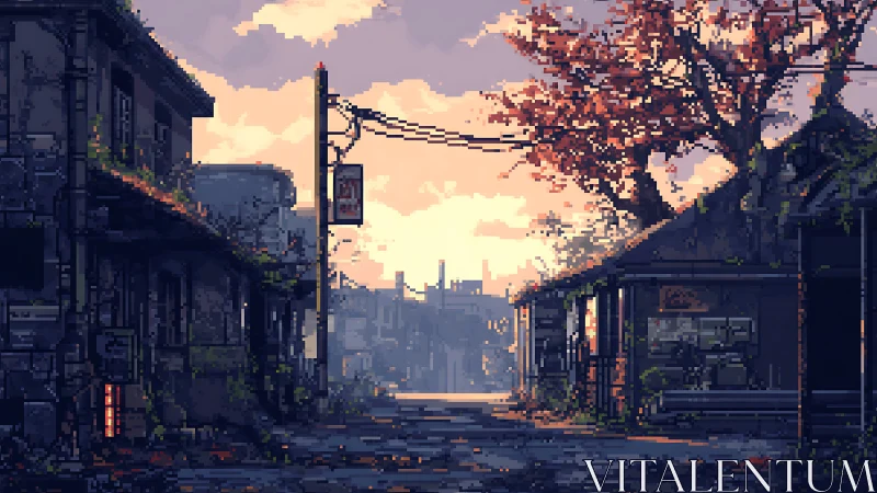 Pixel dusk drapes a forgotten street in bittersweet glow