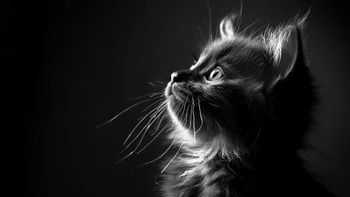 Curious Kitten's Upward Gaze in Dramatic Light.