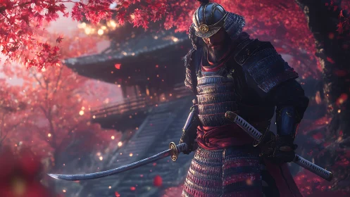 Samurai warrior pausing beneath crimson autumn leaves.