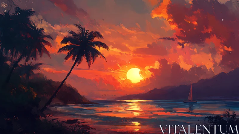 Tropical sunset chorus with leaning palms and lone sailboat.