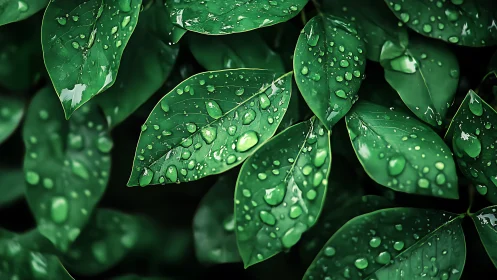 Rain-soaked green leaves capture crisp surface reflections