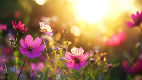 Sunlit pink cosmos blossoms glowing in a golden meadow.