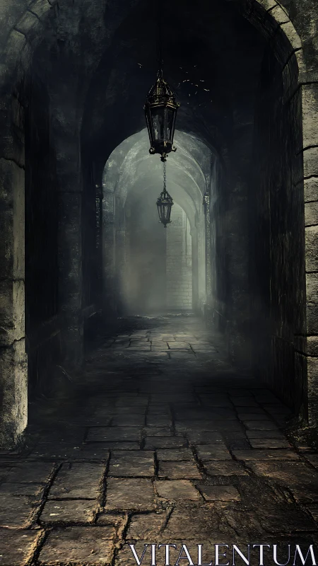 Moody stone passageway glowing with soft lantern light.