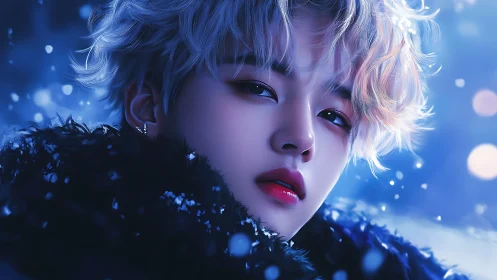 Digital portrait in icy nocturne lighting with soft bokeh focus.