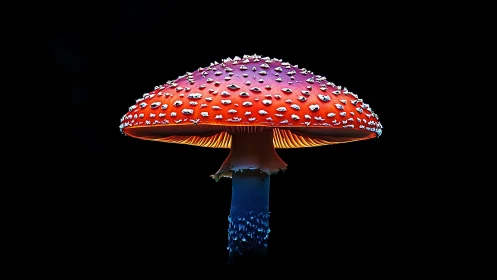 Fly agaric mushroom glows against deep black background