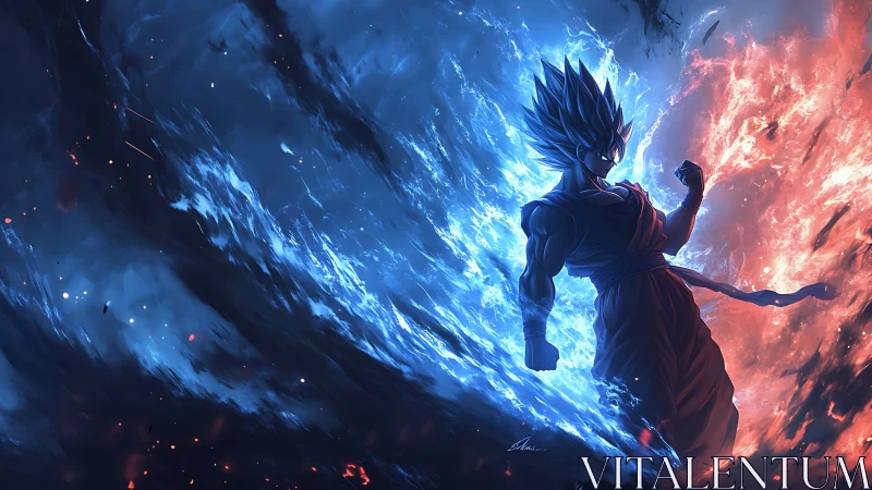 Silhouetted warrior amid blue and red opposing energy fields.