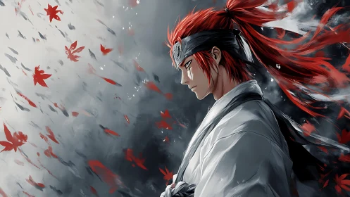 Red-haired warrior stands solemnly amid drifting scarlet leaves.