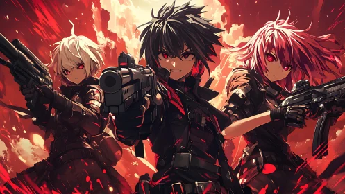 Triangular combat formation of armed anime soldiers amid inferno