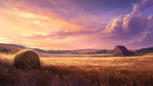 Sunlit barn and hayfield glow under a vivid evening sky.